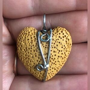 Wire Wrapped Yellow Lava Rock Heart Reversible Pendant Necklace Handmade OOAK